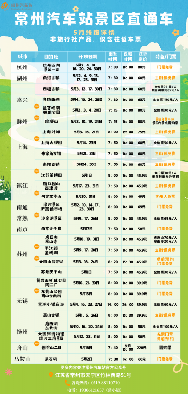 常州汽車站景區直通車5月及五一線路上新